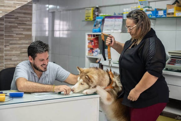 A customer with a dog checks in at a pet-care business