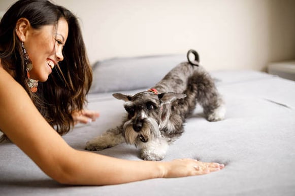 A woman plays with a dog