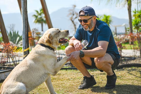 A man holds a dog's paw while outside